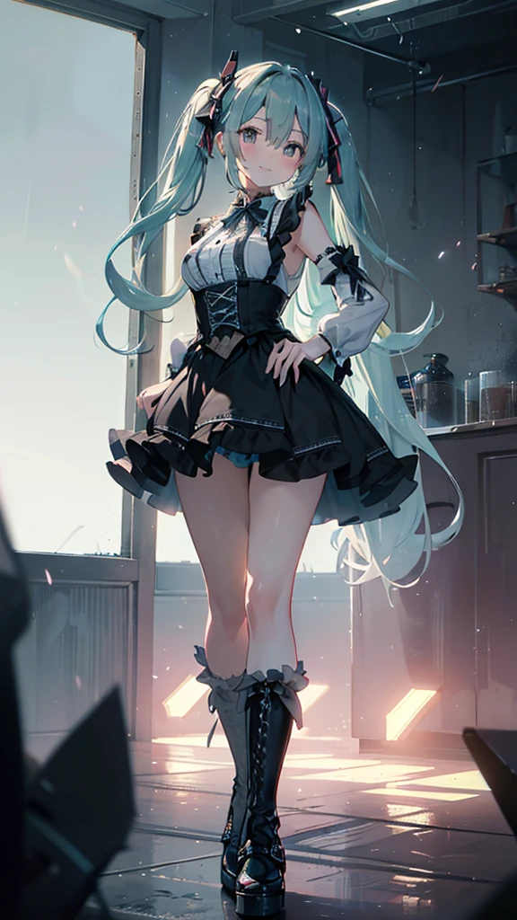 (masterpiece,Super Detail,In 8K,Best Original Score,Moody lighting,Photorealistic,Dynamic Shot:1.5),hatsune miku,Dangerous Vampire,Adult sexy body,Light blue twin tails,smile,Double teeth,A small pink heart on her cheek,Pink and black gothic dress fashion,Jirai fashion with very delicate details,Black platform high boots,Beautiful long legs,Beautiful big ,Cute pose,Midnight Downtown,Lots of neon lights,Urban hustle and bustle