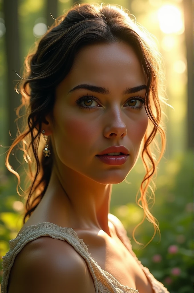 (((GAL GADOT))), masrtepiece , High quality, UHD 32K, Beautiful realistic face,thick lips, Pure white realistic skin feeling, artist GAL GADOT, (((LITTLE CHEST))), (morning in the forest), ((look forward at the camera)) ((nude)), sunny morning background, beautiful forest morning, pleasant place.