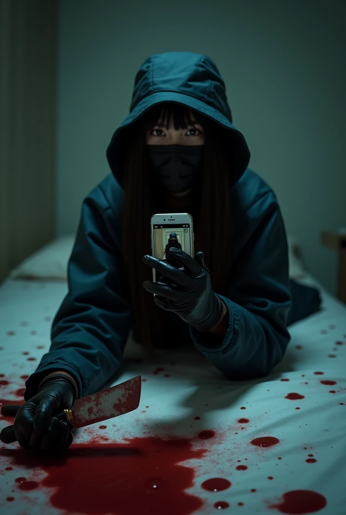 korean girl, (behind corpse, smartphone), black surgical mask, black gloves, room full of blood, black raincoat, bucket hat, holding knife, black gloves, woman on top, behind corpse, blood splatter, on the bed, night, mass murderer, killer, long bangs, blood splatter, dark atmosphere, cinematic lighting, atmospheric realistic, close-up, take a photo with her smartphone