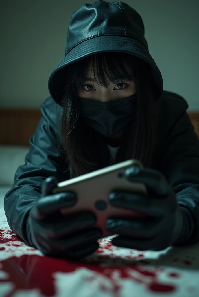 korean girl, (behind corpse, smartphone), black surgical mask, black gloves, room full of blood, black raincoat, bucket hat, holding knife, black gloves, woman on top, behind corpse, blood splatter, on the bed, night, mass murderer, killer, long bangs, blood splatter, dark atmosphere, cinematic lighting, atmospheric realistic, close-up, take a photo with her smartphone
