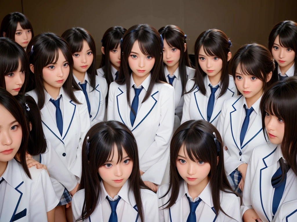 ((Highest quality, Ultra-high resolution, Realistic, RAW Photos, 8k, Real photograph:1.6)), ((日本人high school girl, 16yo)) , Beautiful detailed, Beautiful Face, cute, (((smile))), Japanese beautiful skin, Black Hair, Semi-long hair, (((Summer Girls' School Uniform))), White shirt, Blue check mini skirt, (((Big Breasts, Full cleavage:1.5))), Super Real, Soft Light, (((high school girl, Very detailed, 6+girls: 1.99))), (((high school girl, Very detailed, perfect identical faces, perfect identical body shapes: 1.99))), ((100人のhigh school girl: 1.6)), (((high school girlのみ))), ((100人high school girlの囲み)), Full body photo, Wide-angle field of view, congestion, Intensive, (((high and wide view))), city park, 1,000 people
