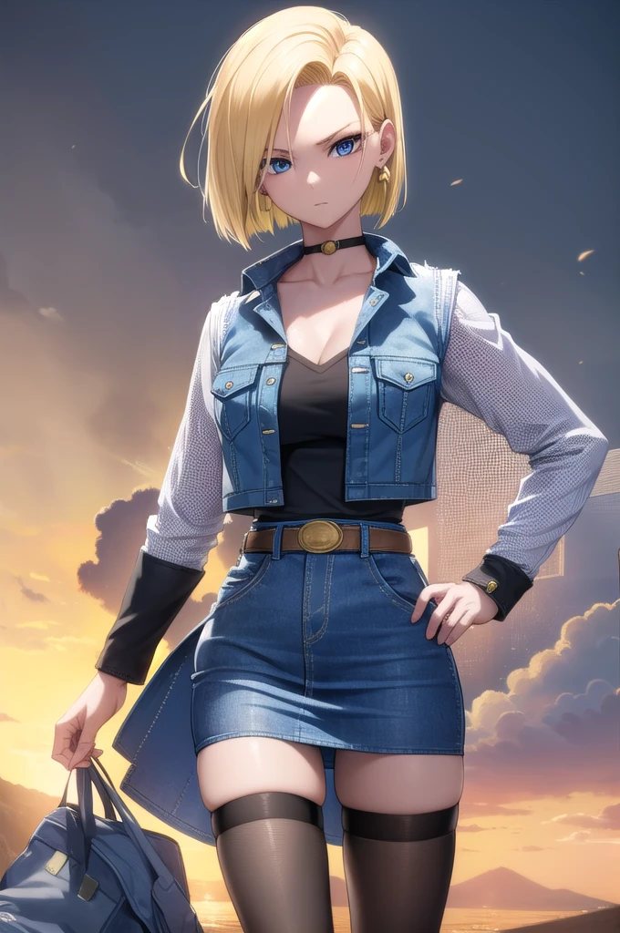 Android 18, Blonde, blue eyes, eyelash, hoop Earrings, short hair, Earrings, break belt, Black legwear, black shirt, pocket, Cleavaicle, denim, denim skirt, high-waist skirt, jewelry, Long sleeve, pocket, shirt, shirt tucked in, skirt, Striped, Striped sleeves, Waistcoat, break outdoors, city, null, cloud, sun, break looking at viewer, (Cowboy Shot:1.5), break (masterpiece:1.2), Highest quality, High resolution, unity 8k wallpaper, (figure:0.8), (Beautiful attention to detail:1.6), Highly detailed face, Perfect lighting, Highly detailed CG, (Perfect hands, Perfect Anatomy)