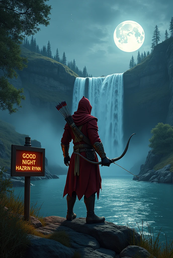 A photography of assassin's creed man is wearing red gold armour clothes, holding a arrow and bow. He was stand on the rock river with night forrest. The background is waterfall with moon and star. The signboard saying "GOOD NIGHT HAZRIN RYNN"