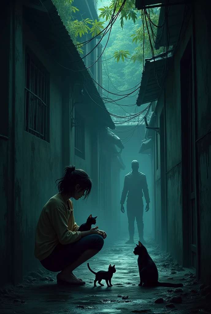 Picture a dark, narrow alleyway, the ground wet with puddles from a recent drizzle. Instead of houses, the alley opens into a dense, shadowy jungle, with trees and thick vegetation visible in the background. An 18-year-old girl is kneeling near the end of the alley, holding three tiny, shivering kittens that she just rescued from a plastic bag tied with a rope. Nearby, a cat with alert ears is tense, gazing into the deeper part of the alley where a shadowy figure or shape is barely visible, adding a sense of mystery and danger. The atmosphere is moody, with dim lighting and the wet, grimy walls of the alley contrasting with the ominous jungle beyond.