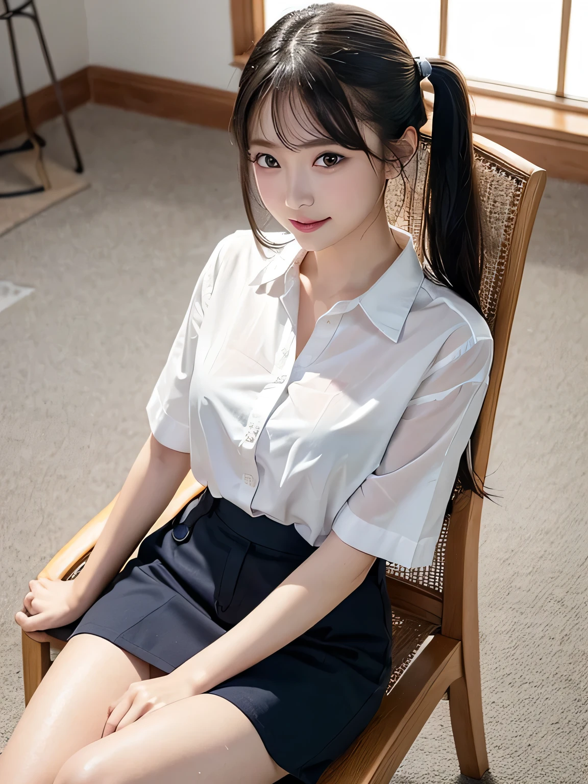 　(Highest quality、8k、32K、masterpiece、Hmph:1.2)、(masterpiece, Highest quality), Realistic photos, high school girl、very cute、15 years old、Short Twin Tails、sexy、Instagram, Bright colors, High Dynamic Contrast, Slender figure、thin、Small, shapely breasts、One person、Gray Hair、 Purple eyes, Lips parted, blush, compensate, 軽いsmile, A thin white short-sleeved shirt that is slightly translucent.、sexy、Green exy、Sweat, Wet, light, Shine,  Tight waist, (masterpiece), Pink Wallpaper、Sitting in a chair、I can see your thighs、sexy、smile