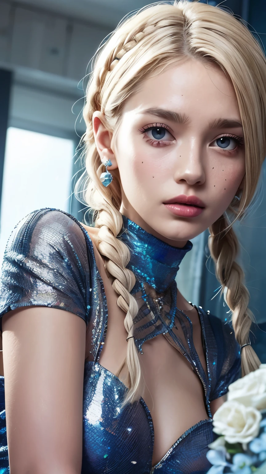 wearing a close-up portrait of a pastel-toned albino woman, high-tech interior,,. She is a stunning,, intricate hairstyle made up of multiple braids adorned with pearls and flowers, but with a modern feel. her hair is white, with blue eyes that have bright freckles on her face.. She is delicate, high-tech outfit with metallic and holographic elements, wearing delicate jewels with futuristic designs,. cleanly rendered, futuristic style depicted in a lavish, ambient lighting emphasizing the details of the outfit and accessories. the overall aesthetic blends fantasy and science fiction, highlighting intricate craftsmanship and a serene expression..