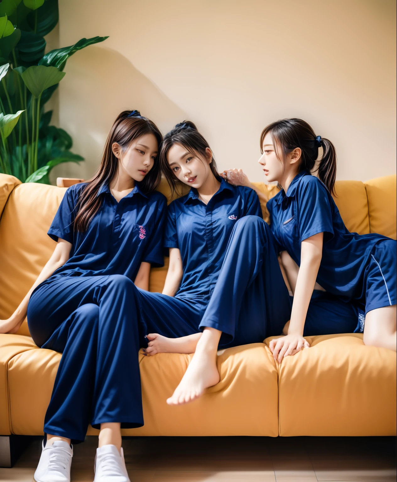 3 girls lie about on sofa living room, Navy blue short-sleeved shirt,Navy Long Trackpant,Sweatpants, Sweatpantsขายาว,25 year old girl, lesbian, sexy, exercise clothes, wet body, exercise clothes
