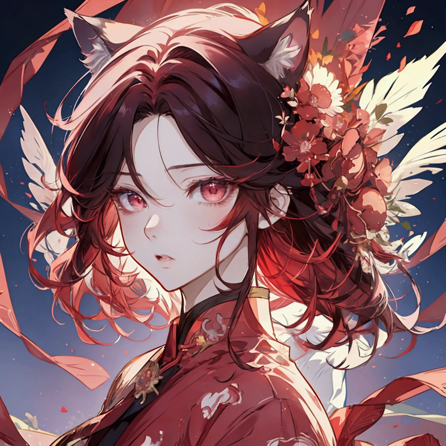、Cat ears、Red gradient hair、Red eyes、Short messy hair、Hair between the eyes、(Half Body、Are standing、No sleeve、Muscular、Broad shoulders)Highly detailed eyes and face、Long eyelashes、intricate strands of hair、high quality、8k、Photorealistic、Studio Lighting、Super Fine Art、Sharp Focus、Physically Based Rendering、Bright colors、Anime Style、Digital Art