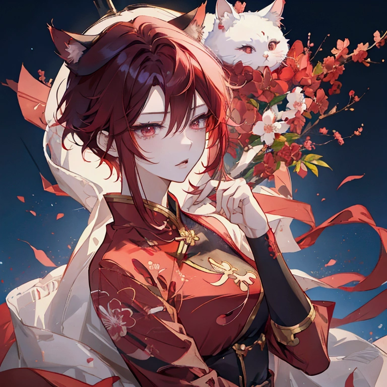 、Cat ears、Red gradient hair、Red eyes、Short messy hair、Hair between the eyes、（Half Body、Are standing、No sleeve、Muscular、Broad shoulders）Highly detailed eyes and face、Long eyelashes、intricate strands of hair、high quality、8k、Photorealistic、Studio Lighting、Super Fine Art、Sharp Focus、Physically Based Rendering、Bright colors、Anime Style、Digital Art
