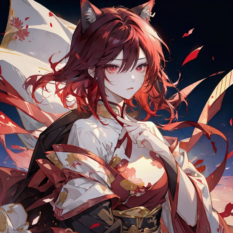 、Cat ears、Red gradient hair、Red eyes、Short messy hair、Hair between the eyes、（Half Body、Are standing、No sleeve、Muscular、Broad shoulders）Highly detailed eyes and face、Long eyelashes、intricate strands of hair、high quality、8k、Photorealistic、Studio Lighting、Super Fine Art、Sharp Focus、Physically Based Rendering、Bright colors、Anime Style、Digital Art