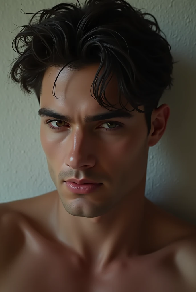 Create a handsome man with short, wavy hair, a nose like an arrow pointing down, and a very large, thick pout.