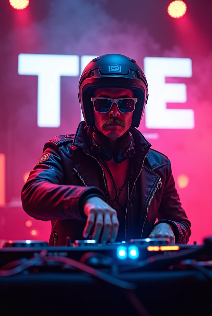 Create a picture with the heading TDE in the picture is a techno DJ with bike clothes, This should be readable, the DJ is a man and wearing sunglasses and a helmet, The DJ should have a mustache., the image is taken slightly sideways in action