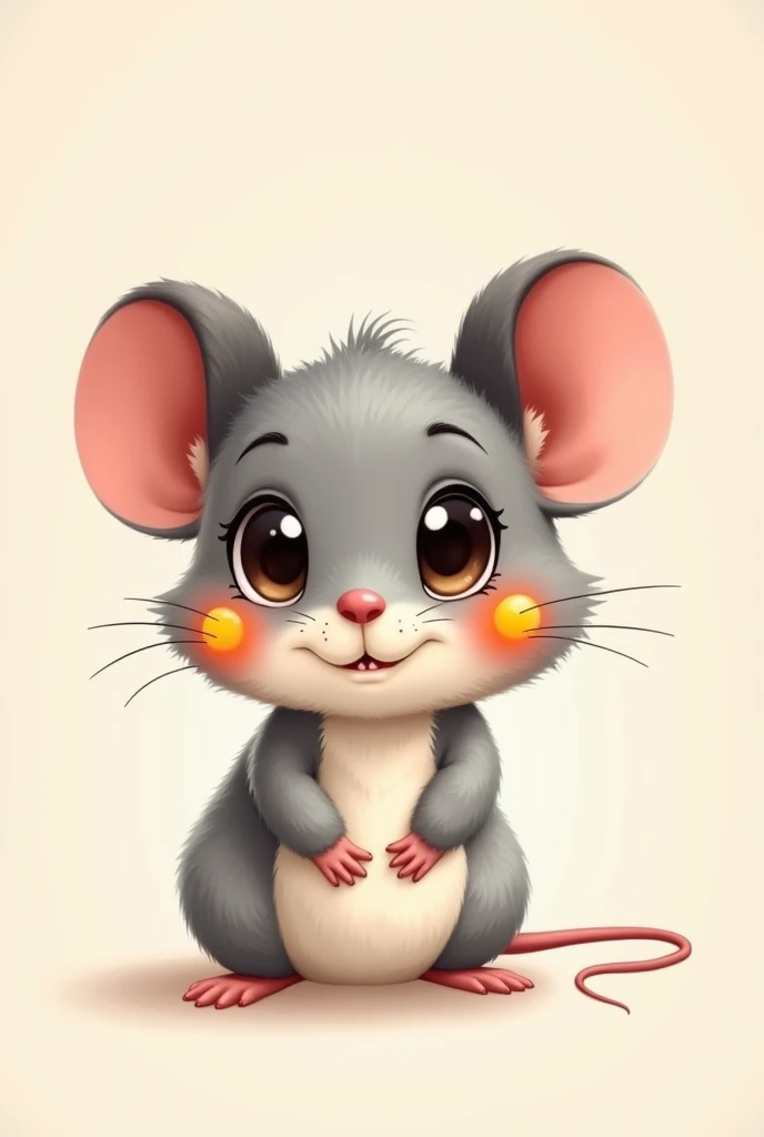 Yellow and、and red circles on its cheeks、A cute mouse with big round eyes、black ears