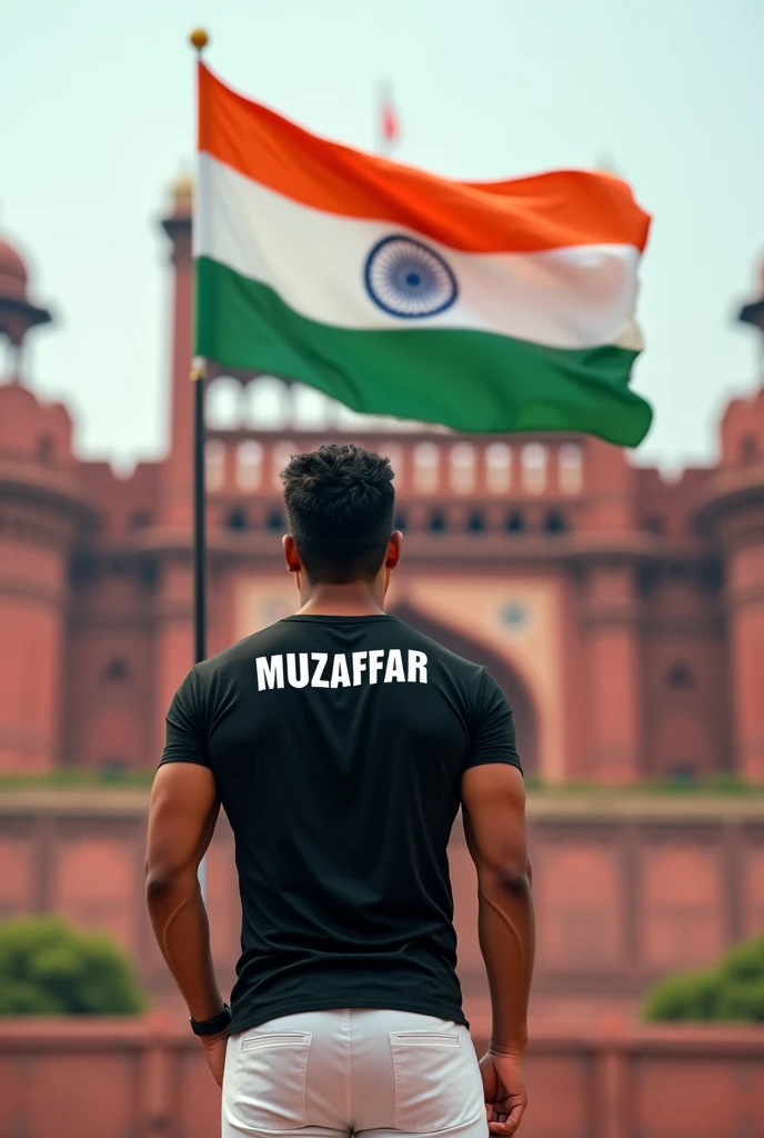 A man slute of indian flag front of delhi red fort black tshirt white pant tshirt back side name MUZAFFAR
