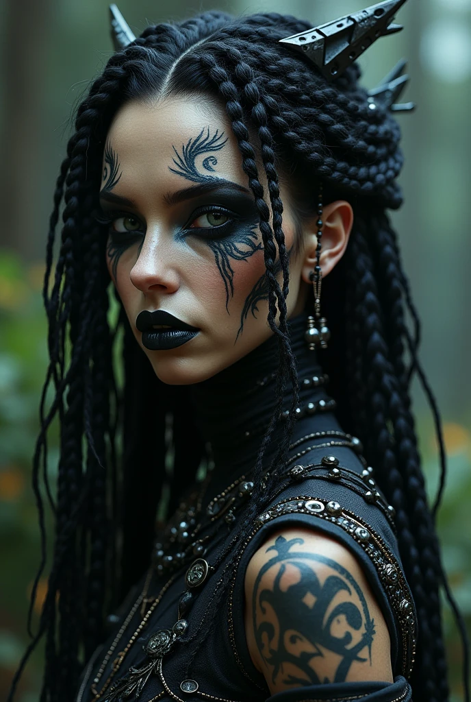 Close-up of a woman with tattoos on her face, dark Elf, Fractalpunk, braided complex hair, portrait shot with matte painting, beautiful android woman, pitchblack skin, She is dressed in shamanic clothes, tattooed face, Cryptopunk, heavy makeup