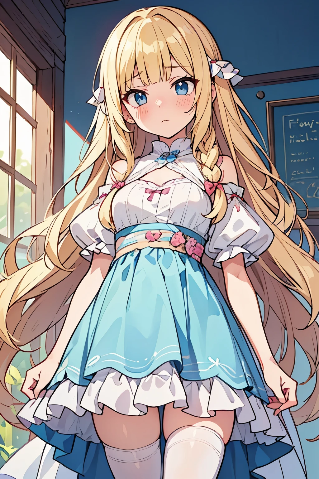 solo girl, (young female body:1.4), ( medium small breasts), cowboy shot, embarrassed expression, flustered, yellow long hair, voluminous wavy very long yellow hair, extra long blonde hair, hime cut, light blue detailed eyes, pink baby doll dress, ligh pink long dress, white tights, town background, national park
