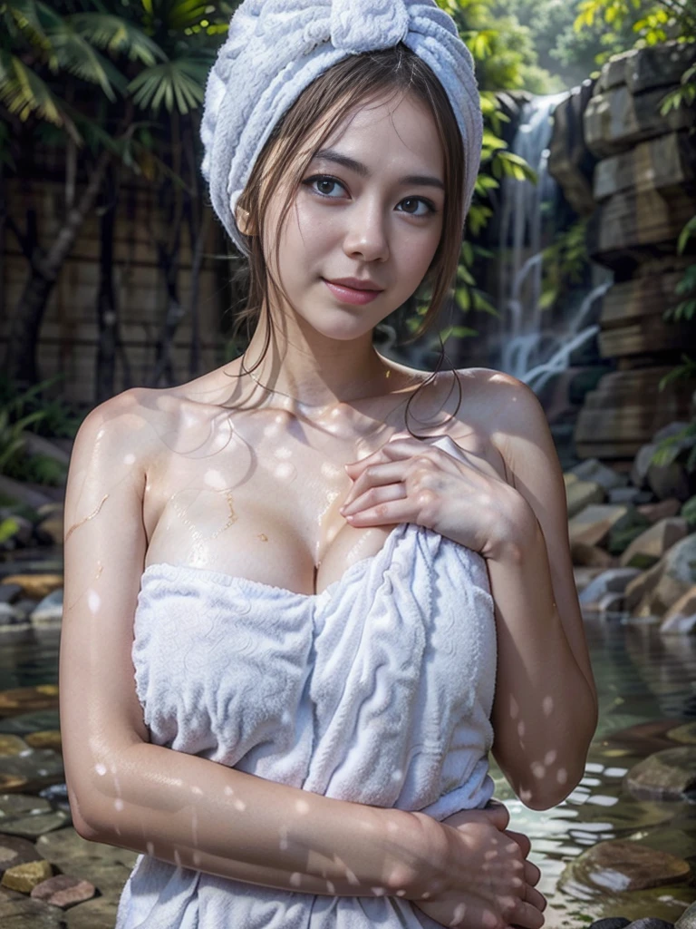 Photorealistic, (half body:1.3, exposed face), wide angle, (seen from foward:1.2), in frame, a japanese young woman, ((breast wrapped by white towel:1.2), cleavage:1.3), a hyperrealistic beautiful young girls with blue eyes, (natural droopy breast, it's huge and soft), high detailed official artwork, beautiful girls with ((slim body:1.2), (busty posture:1.2))), attractive young woman, (atractive poses:1.3), ((deep soaking:1.2), in the hot water on the (hot springs:1.2), surrounded by waterfall, natural forest background, dubnitskiy david fanart, realistic portrait, smooth photorealistic, perfect visual of a cute girls, cute girls with skinice soft face, face focus, short blond hair,  makoto shinkai and artgerm, photon mapping, natural light, warm color tones, vivid colors, cool ambient, foggy atmosphere