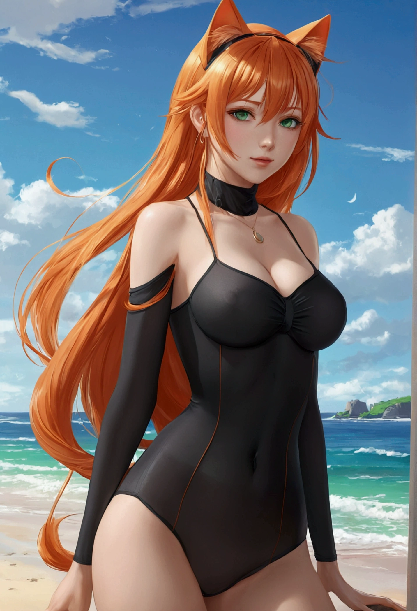 anime girl with long orange hair standing on beach near ocean, green eyes detailed digital anime art, cat ears, , anime girl with long hair, smooth anime cg art, anime girl with long hair, average breast size, digital anime art, artwork in the style of guweiz, beautiful anime portrait, photorealistic anime girl render, beautiful anime girl, advanced digital anime art, pantyhose, guweiz on artstation pixiv upscale HD UHD HQ