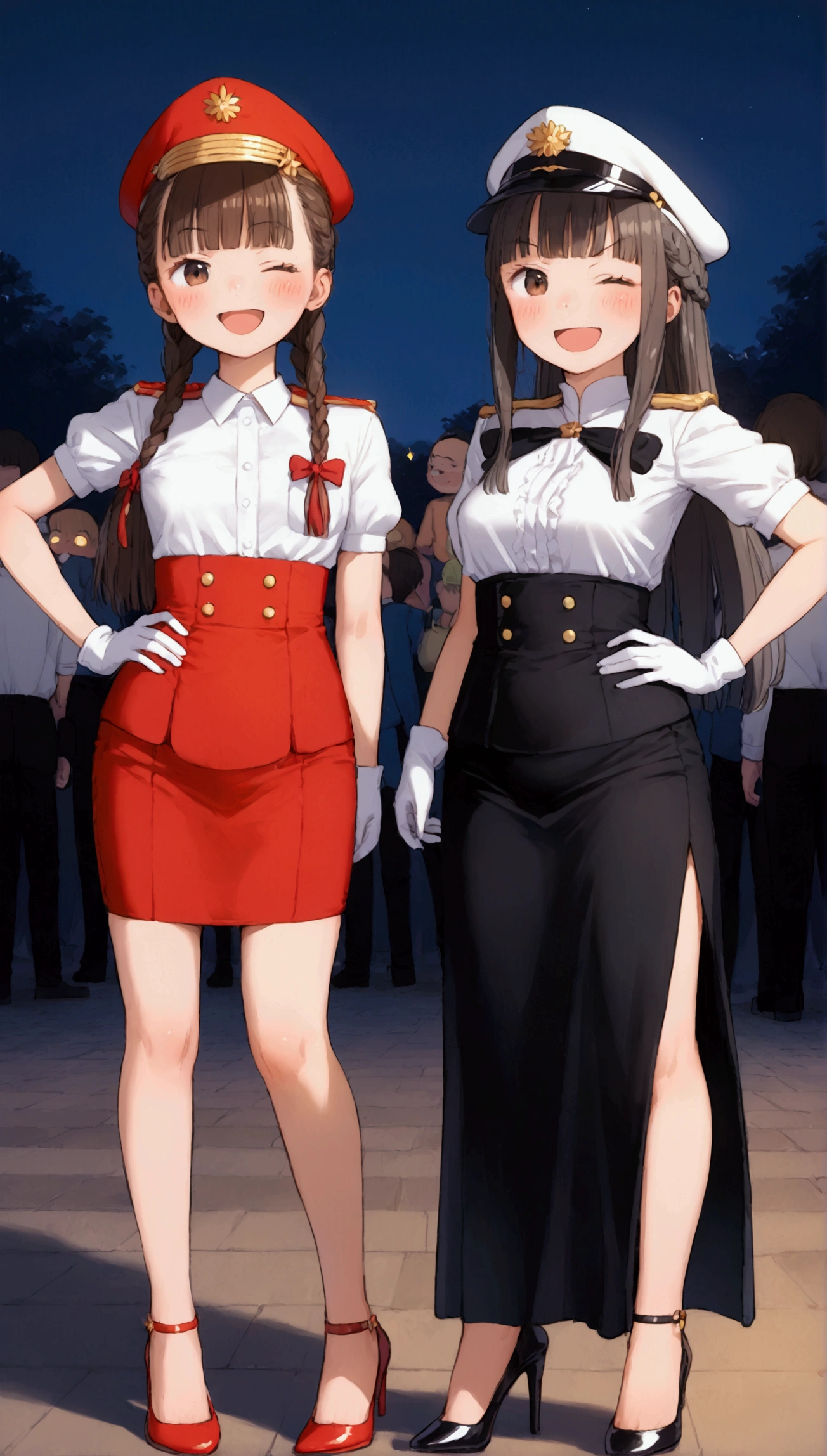 {Highest quality}, {Super beautiful},{Ultra fine},{Best illustration},Brown Hair,Hime cut,Braid,long hair,ponytail,One woman,Standing Woman,Big tits pose,Adult women,smug face,Excited face,Wink,Uniform cap,White shirt,Short sleeve,Black long skirt,White gloves,Black stiletto heels,Night Festival,Blushing,Slender,From an angle,Spread your legs,Put one hand on your hip