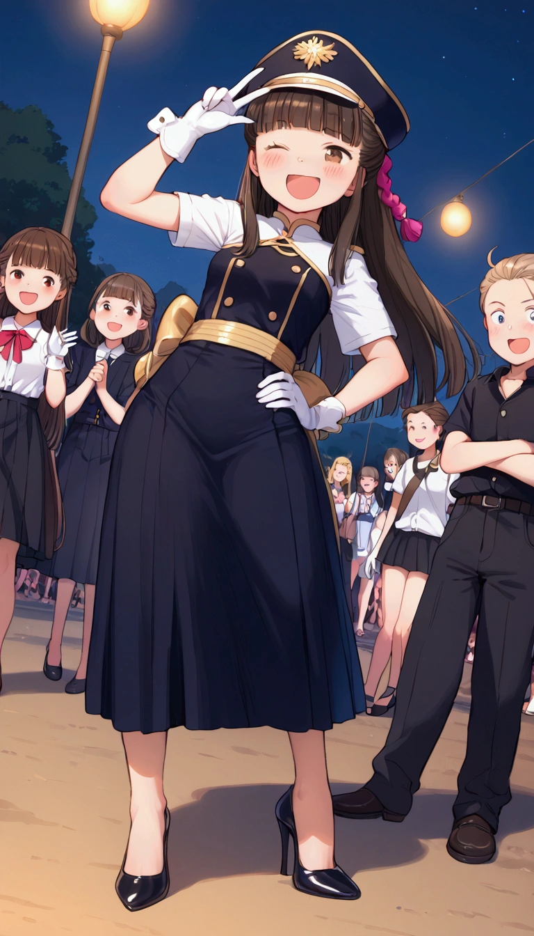 {Highest quality}, {Super beautiful},{Ultra fine},{Best illustration},Brown Hair,Hime cut,Braid,long hair,ponytail,One woman,Standing Woman,Big tits pose,Adult women,smug face,Excited face,Wink,Uniform cap,White shirt,Short sleeve,Black long skirt,White gloves,Black stiletto heels,Night Festival,Blushing,Slender,From an angle,Spread your legs,Put one hand on your hip
