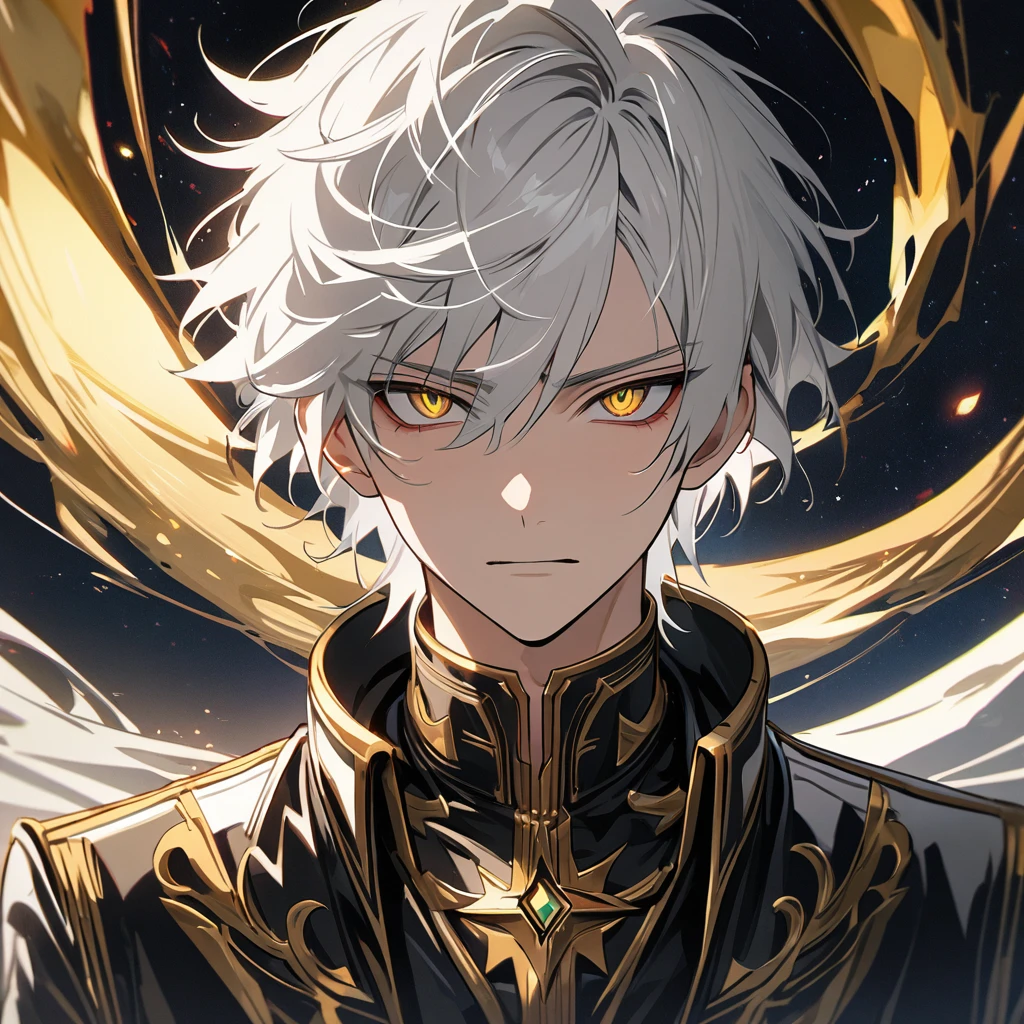 High quality, HD, 4k, no shadows, handsome male, handsome, 1male, 18 years old, 18yo, short white hair, white hair, white hair, white hair, sharp eyes, deep golden colored eyes, dark gold colored eyes, deep gold eyes, gold eyes, devil may cry, close up, calm expression, stoic expression, black leather clothes, white leather clothing, lean body, well trained body, upper body, looking at viewer, cowboy shot, white solar, space background