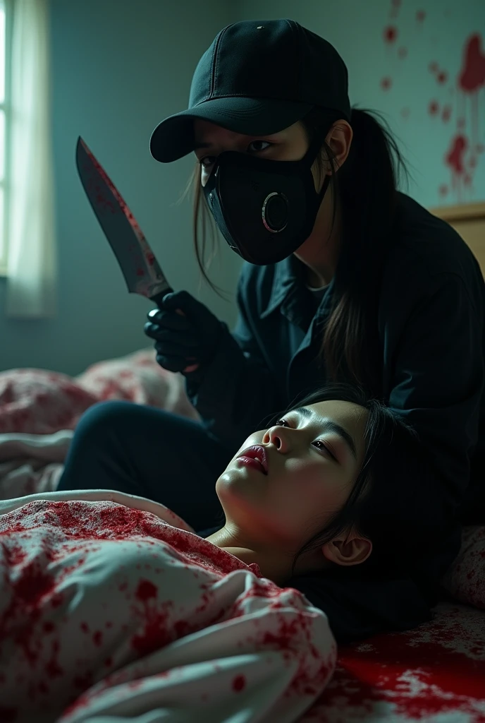 2 korean girls, (behind corpse, holding knife), black surgical mask, black gloves, room full of blood, black raincoat, trucker hat, holding knife, black gloves, woman on top, behind multiple corpse, blood splatter, bed room, mass murderer, killer, low pony tail, blood splatter, dark atmosphere, cinematic lighting, atmospheric realistic, light from the window, close-up,