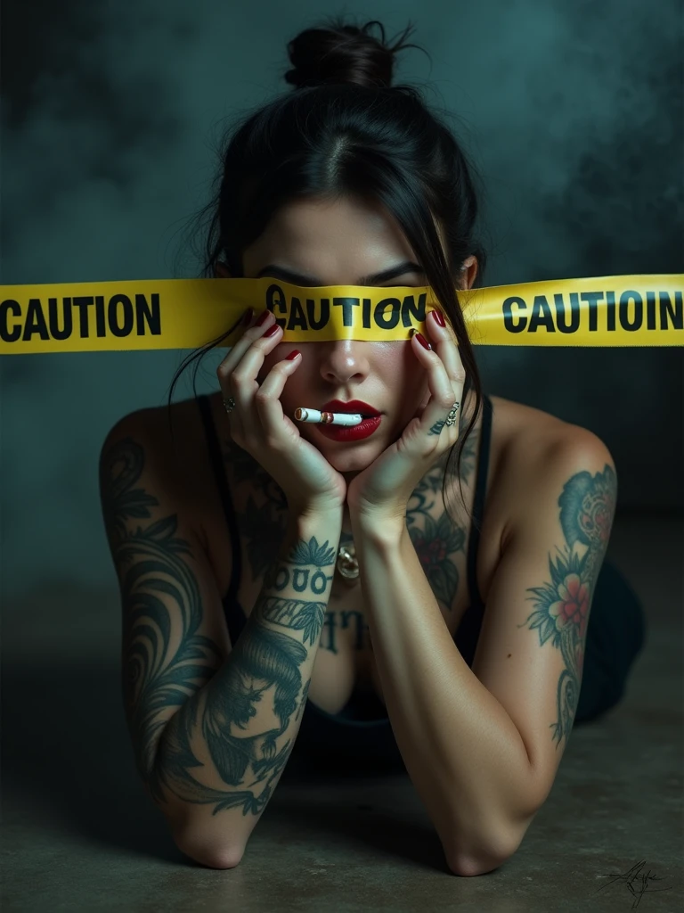 Dramatic and edgy portrait photograph featuring a woman with a serious expression lying on the floor. She has light skin and dark hair, with intricate tattoos covering her neck, chest, and parts of her face. Her facial features are sharp, with high cheekbones and full lips. She is holding a cigarette on her fingers to her lips, and her nails are painted dark red. A yellow caution tape with the word 'CAUTION' in bold black letters repeatedly printed on it is placed horizontally across her eyes covering them, adding a sense of mystery and danger to the image. The background is smoky, keeping the focus on the subject.