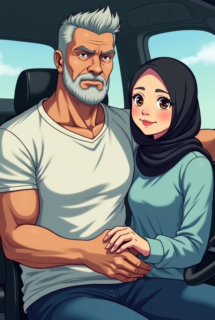 Drawing portrait anime of a serious 61-year-old man, Much older than the girl. The man has grey hair combed back in a pompadour style, and the sides are shaved, the length of his hair is short, tough body, and has a beard. He wears a white t-shirt and jeans. The girl is smiling and funny and wears light blue blouse. She has chocolate eyes, fair skin, wear black hijab, and little chubby. He is driving and he holding the girl hand.