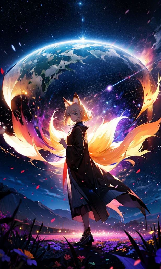 １people々,Woman with medium length blonde hair，Fox Ears，Long coat，Takageta， Dress Silhouette， Rear View，Space Sky, Flower Field，Countless meteor showers，Colorful flowers，Dancing Petals，