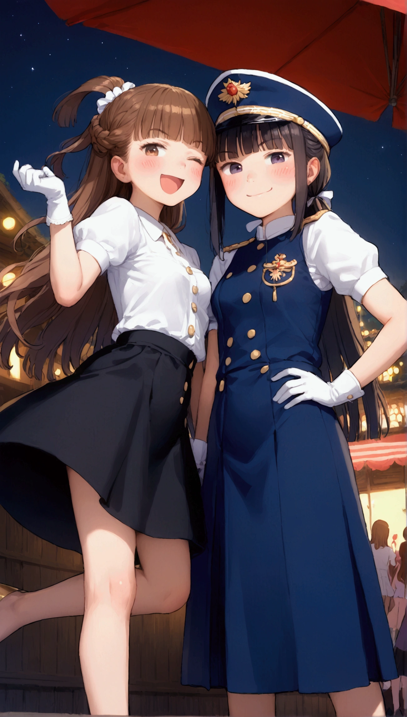 {Highest quality}, {Super beautiful},{Ultra fine},{Best illustration},Brown Hair,Hime cut,Braid,long hair,ponytail,One woman,Standing Woman,Nice body,Strike a pose,Adult women,smug face,Excited face,Wink,Uniform cap,White shirt,Short sleeve,Black long skirt,White gloves,Black stiletto heels,Night Festival,Blushing,Slender,From an angle,Spread your legs,Put one hand on your hip