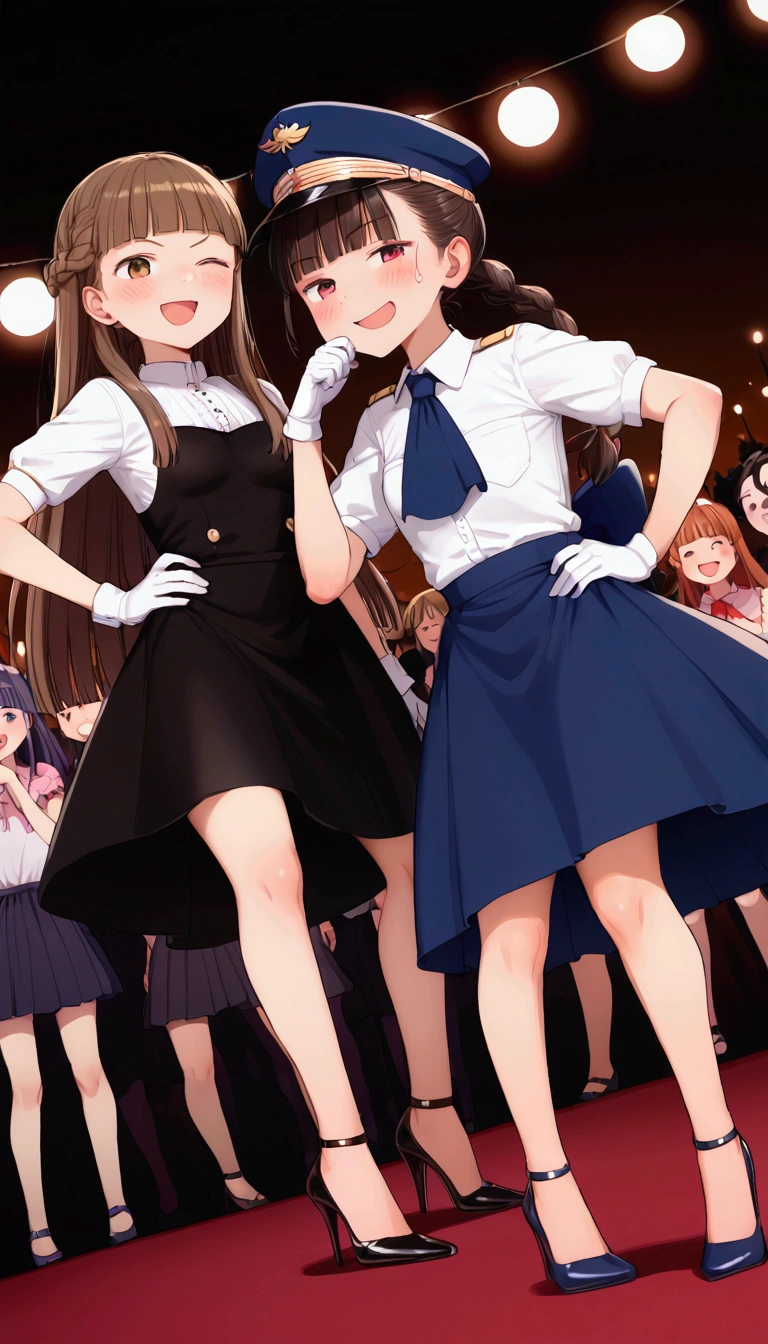 {Highest quality}, {Super beautiful},{Ultra fine},{Best illustration},Brown Hair,Hime cut,Braid,long hair,ponytail,One woman,Standing Woman,Nice body,Strike a pose,Adult women,smug face,Excited face,Wink,Uniform cap,White shirt,Short sleeve,Black long skirt,White gloves,Black stiletto heels,Night Festival,Blushing,Slender,From an angle,Spread your legs,Put one hand on your hip