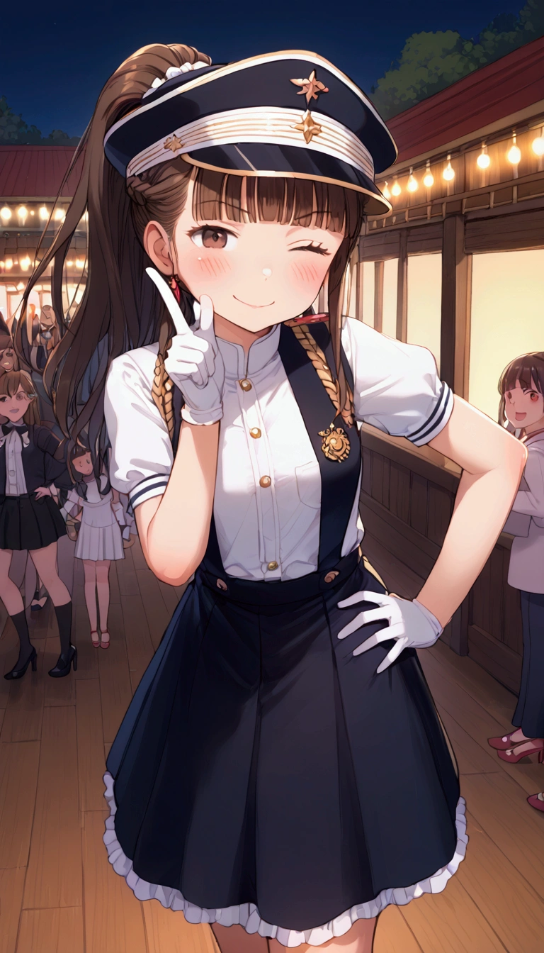{Highest quality}, {Super beautiful},{Ultra fine},{Best illustration},Brown Hair,Hime cut,Braid,long hair,ponytail,One woman,Standing Woman,Nice body,Strike a pose,Adult women,smug face,Excited face,Wink,Uniform cap,White shirt,Short sleeve,Black long skirt,White gloves,Black stiletto heels,Night Festival,Blushing,Slender,From an angle,Spread your legs,Put one hand on your hip