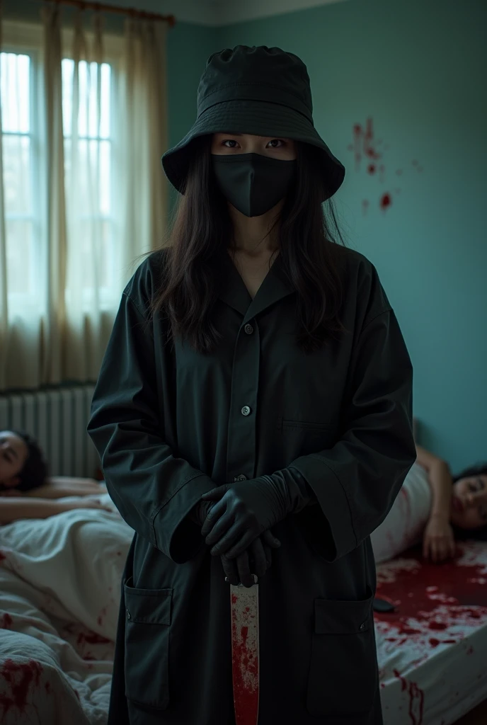 korean girl, (behind multiple corpse, holding knife), black surgical mask, black gloves, room full of blood, black raincoat, bucket hat, 20 years old, glaring at viewer, holding knife, black gloves, woman on top, behind multiple corpse, blood splatter, on the bed, mass murderer, killer, blood splatter, dark atmosphere, cinematic lighting, atmospheric realistic, light from the window,