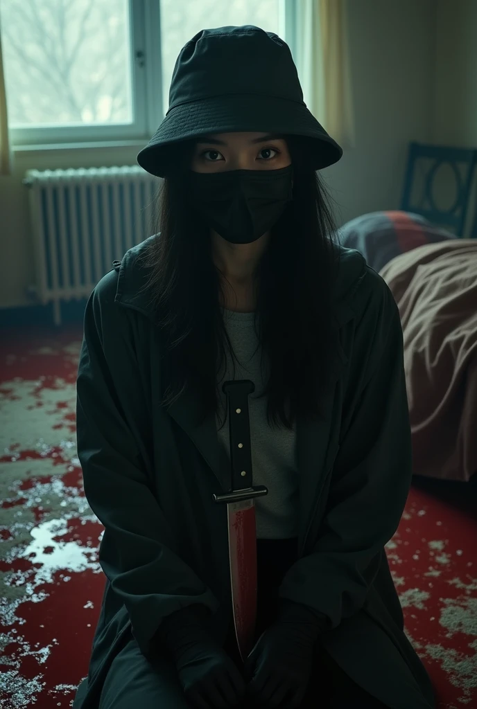 korean girl, (behind multiple corpse, holding knife), black surgical mask, black gloves, room full of blood, black raincoat, bucket hat, 20 years old, glaring at viewer, holding knife, black gloves, woman on top, behind multiple corpse, blood splatter, on the bed, mass murderer, killer, blood splatter, dark atmosphere, cinematic lighting, atmospheric realistic, light from the window,
