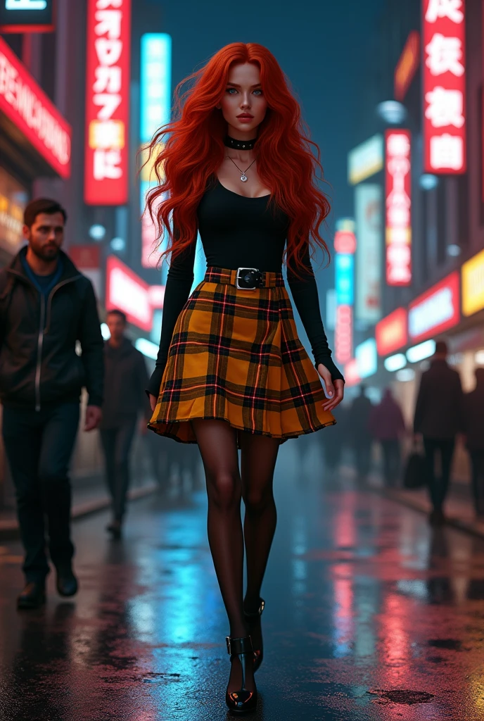 donna scozzese ,vestita con tartan base giallo con righe più sottili in nero e rosso, capelli rossi lunghi ,belle gambe, kilt corto,tacchi, calze nere,Cammina lungo una strada moltro trafficata di notte.
Un uomo la guarda con lussuria

