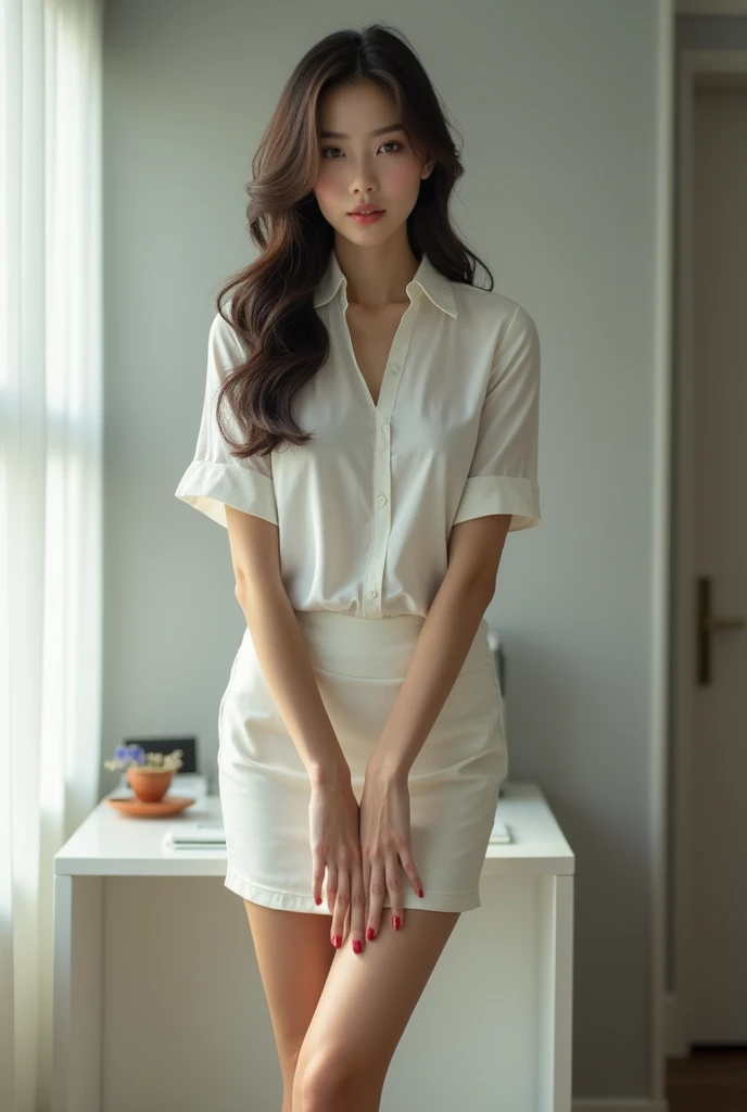 A tall Japanese beauty office worker shows off the bottom of her feet.