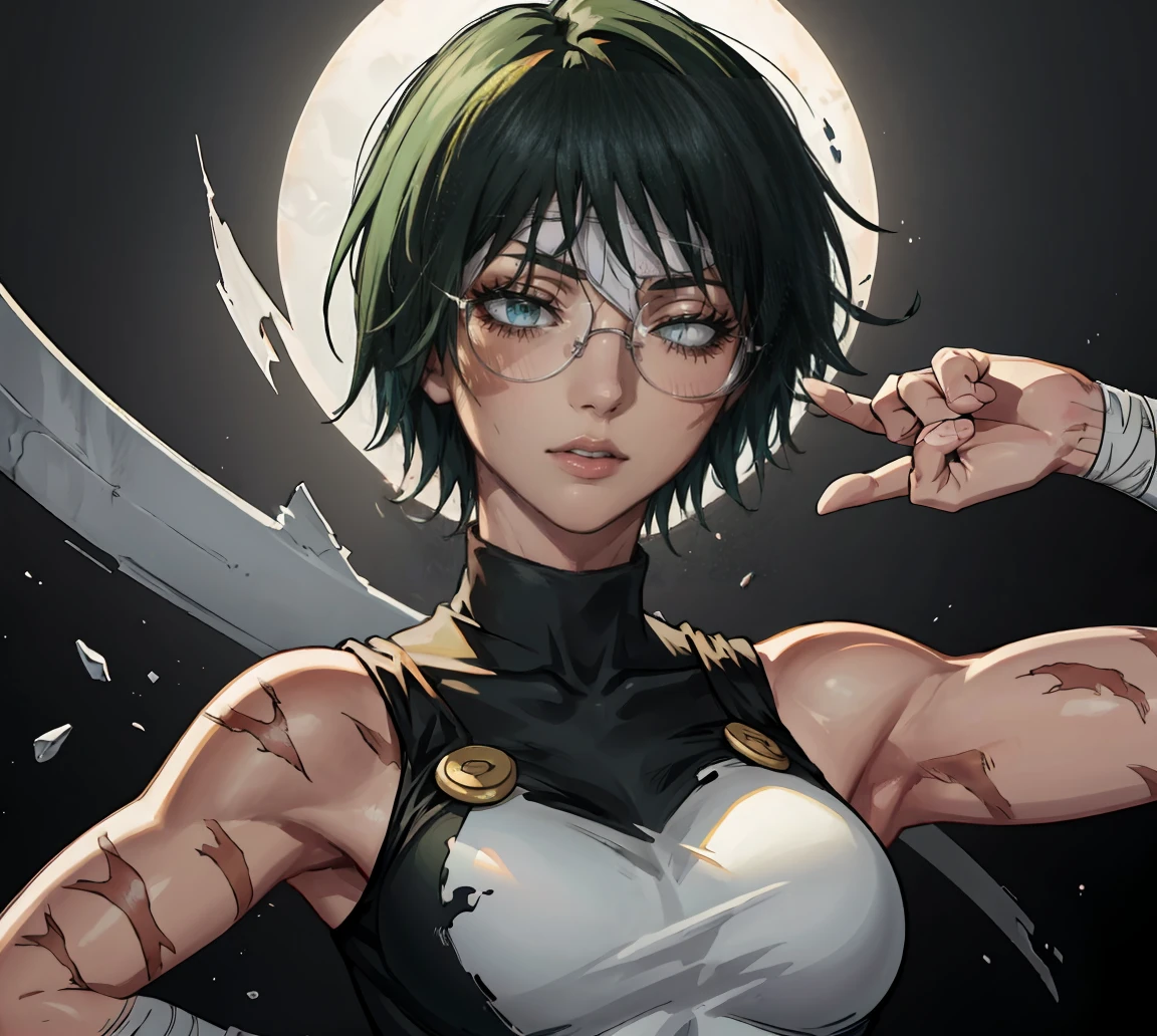 (masterpiece:1.2, best quality:1.2, beautiful, high quality, highres:1.1), 1girl, detailed, short hair, short fluffy hair, short green hair, extremely detailed 4K, perfect eyes, perfect face, visible bandaid, 1 eye, bandaid covering eye, other eye covered, eye covered with bandaid, circle arms, serious gaze, ready for battle, combat face, glasses, circle shaped glasses, yellow shiny eyes, yellow colored eyes, Bandaid on face, posing, hands, arms, scars on arms, scars on face, scars on cheek, bangs, really short hair, scars on body, Maki Zenin eyes, perfect eyes, scars on face, dangerous, eye patch, white bandage on eye, yellow colored eyes, exotica, scar on face, scar on cheeks, visible scars on cheeks, bandage on eye, scar on eye, Maki Zenin, scar on body, very short hair, circle glasses, dark scars on face, Maki Zenin LoRA, black shirt, scar on eye, scars, sleeveless, crop top, beautiful face, perfect lighting, (1girl, solo, adult female, mature female), thin, lithe body, Maki Zenin, green hair, glasses, (big breasts), ((sensual seductive)), ((hands up in the air showing armpits)), ((glasses on)), whole body visible