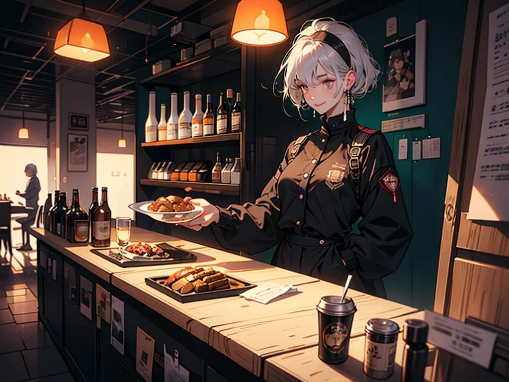 Highest quality,masterpiece,Images full of ultra-high resolution,night間の屋内,Cafe in the Sky,Orange color scheme in the café,Coffee and beer were available,can,night,Inside the room,coffee maker,Coffee lockers,Orange neon color scheme,Silvery white hair,Black Fashion Clothes,Matching orange and black outfit,boxer,Cafe Beautiful Girl,Cyberpunk Background,The background is colorful,side,smile,A variety of leisurely poses,Perfect Makeup,Love eyes,8K quality,Cyberpunk characters,Science and technology sense,Text with backlight,Rim Light,Movement changes,flowing hairstyle,Loose hairstyle,Refined number of fingers,The most beautiful girl in mankind,Wear a headband,Luminescent Accessories,Glowing Earrings,Wear delicate accessories,Close-up of a delicate face,Realistic image quality,super light and shadow,Very good figure,Scrupulous,Sip a cup or coffee on the rooftop in the evening,Very good figure,Raised to be sexy,bright,nice,Very stylish cafe,nightのカフェ,Gorgeous,Have food,Laughing happily,Hands can be put in pockets