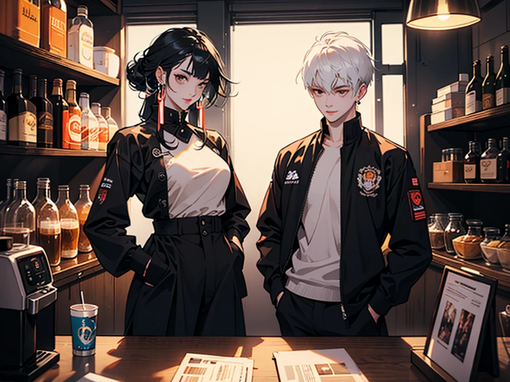 Highest quality,masterpiece,Images full of ultra-high resolution,night間の屋内,Cafe in the Sky,Orange color scheme in the café,Coffee and beer were available,can,night,Inside the room,coffee maker,Coffee lockers,Orange neon color scheme,Silvery white hair,Black Fashion Clothes,Matching orange and black outfit,boxer,Cafe Beautiful Girl,Cyberpunk Background,The background is colorful,side,smile,A variety of leisurely poses,Perfect Makeup,Love eyes,8K quality,Cyberpunk characters,Science and technology sense,Text with backlight,Rim Light,Movement changes,flowing hairstyle,Loose hairstyle,Refined number of fingers,The most beautiful girl in mankind,Wear a headband,Luminescent Accessories,Glowing Earrings,Wear delicate accessories,Close-up of a delicate face,Realistic image quality,super light and shadow,Very good figure,Scrupulous,Sip a cup or coffee on the rooftop in the evening,Very good figure,Raised to be sexy,bright,nice,Very stylish cafe,nightのカフェ,Gorgeous,Have food,Laughing happily,Hands can be put in pockets
