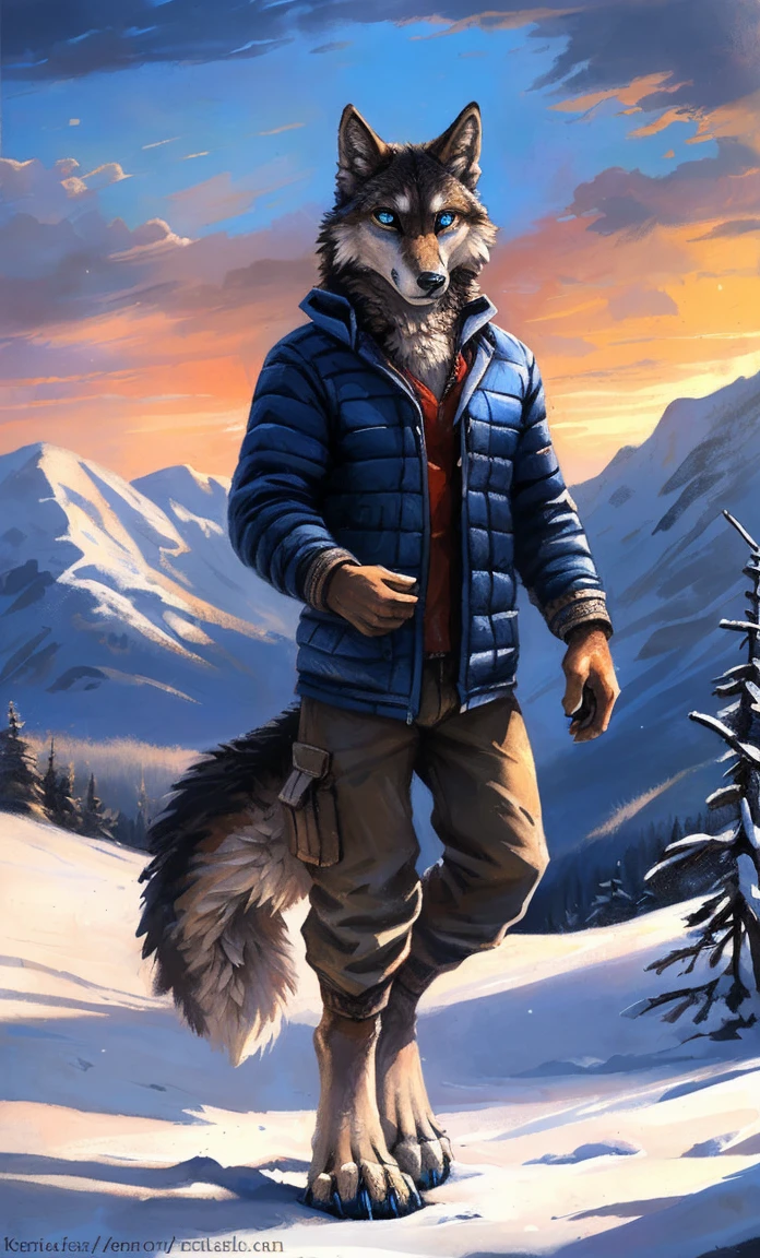((Solo)), male people, anthro wolf, (Multi-colored fur, White-brown:1.3,White tail pointed), (Height 2.1m,Tail length 1.2m), ((Wolf face, Big eyes, White eyelids, Blue pupil, Slim:1.2) (Tough, Calm expression:1.2)), Slim, pinging)), (Correct anatomy), (Winter clothing:1.1), The upper body naked, (detailed outfits),A long big tail,Feet,(Realistic fur, Detailed fur texture, labeled:1.3)), (Natural lighting), Photorealistic, Hyperrealistic, ultradetailed, by Kenket,Snowfield,erect through,Running on