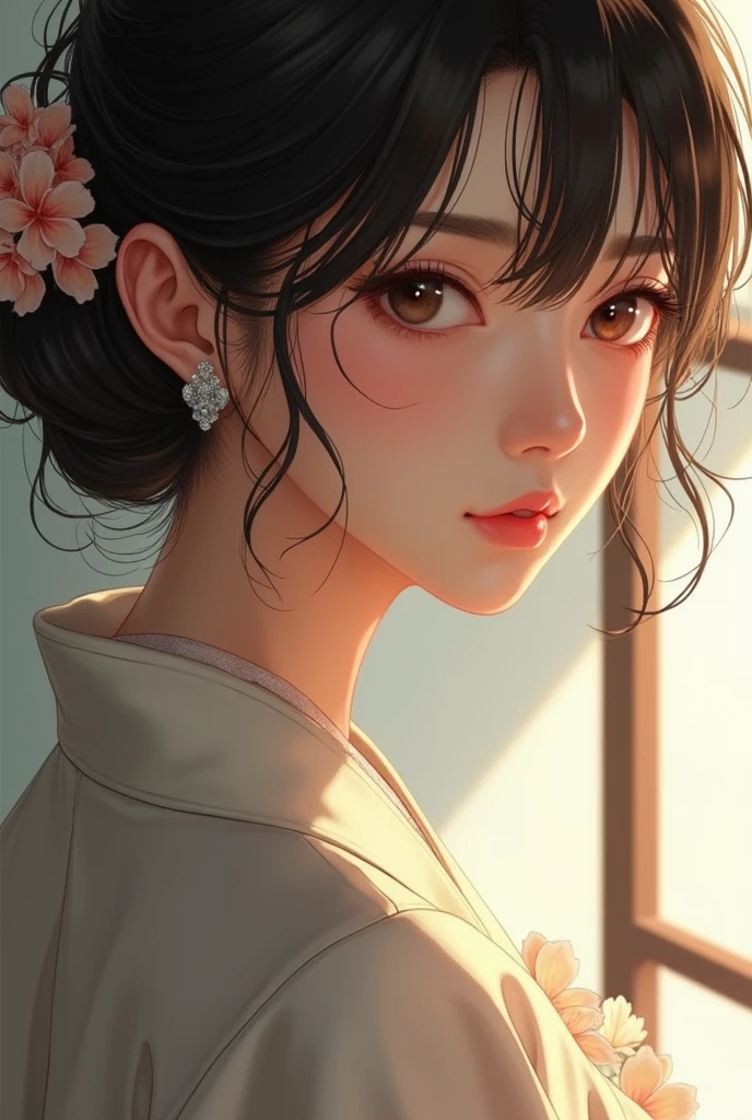 An elegantly dressed Japanese woman in natural light、A close-up of her chest and calm expression.、It shows her inner peace and outer charm.。