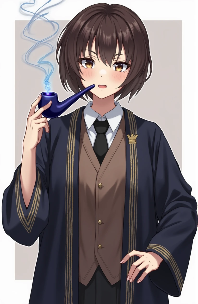 1 tomboy, solo, amber eyes, short brown hair, brown vest, (whit shirt:1.1), black tie, (blue robe with gold trim along the edge:1.2),1 dark blue smoking pipe with blue flame, gloomy face
