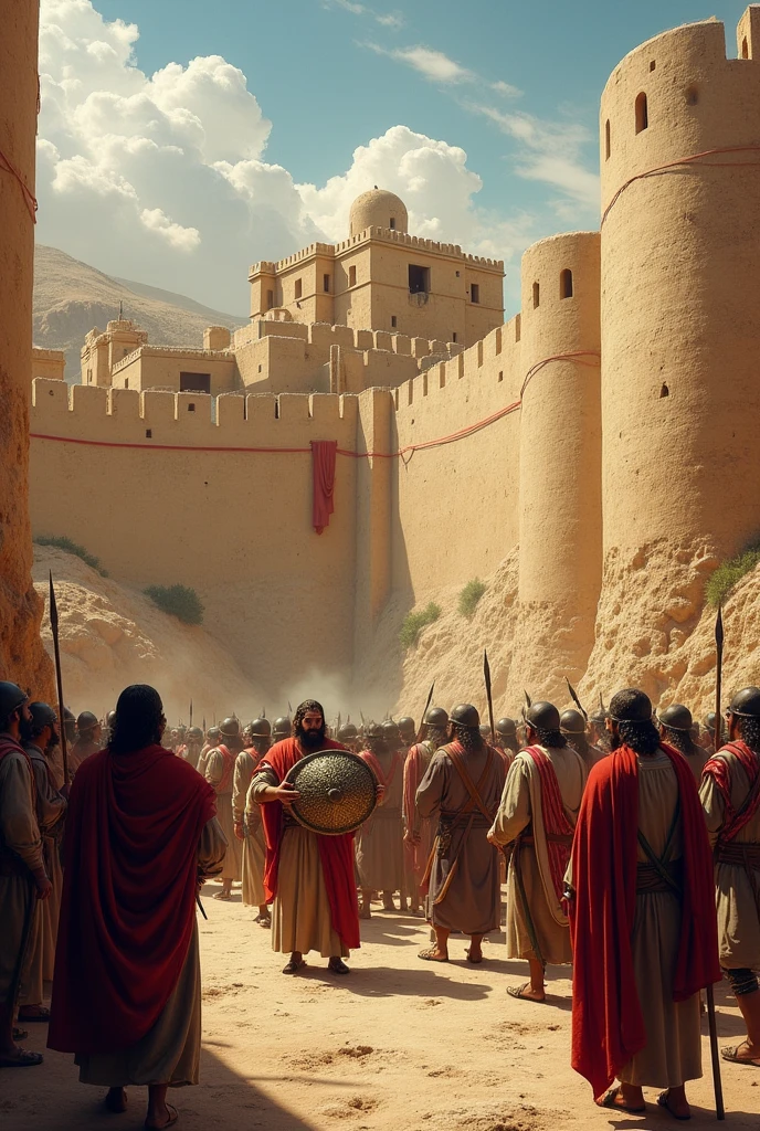 I created an image of Joshua and his warriors around the walls of Jericho with the Ark of the Covenant playing trumpets. The city With a high wall. And it had small houses above the wall. And in one of those houses there was a window with a red string.