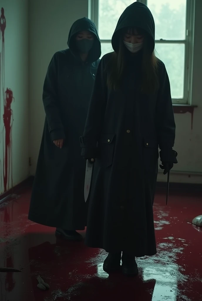 2 korean girls, (behind multiple corpse, holding knife), black surgical mask, stabbing, black gloves, room full of blood, black raincoat, hood up, holding knife, black gloves, woman on top, behind multiple corpse, blood splatter, mass murderer, killer, long bangs, blood splatter, dark atmosphere, cinematic lighting, atmospheric realistic, light from the window,
