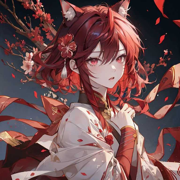 、Cat ears、Red gradient hair、Red eyes、Short messy hair、Hair between the eyes、(Half Body、Are standing、No sleeve、Muscular、Broad shoulders)Highly detailed eyes and face、high quality、8k、Photorealistic、Studio Lighting、Super Fine Art、Sharp Focus、Physically Based Rendering、Bright colors、Anime Style、Digital Art
