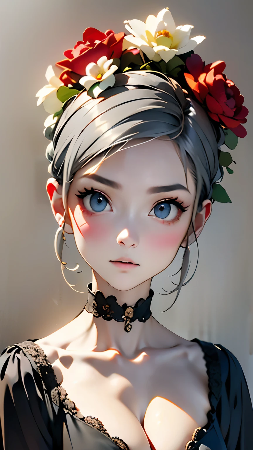 Beautiful woman、flower arrangement、Wabi-sabi art、Very detailed_face_eye、Very detailedface、Black Dress、white、gray、red、parchment、抽象的flower arrangement、Three big flowers、Surrealism art、silence、wallpaper、Highest quality、masterpiece、High resolution、8k