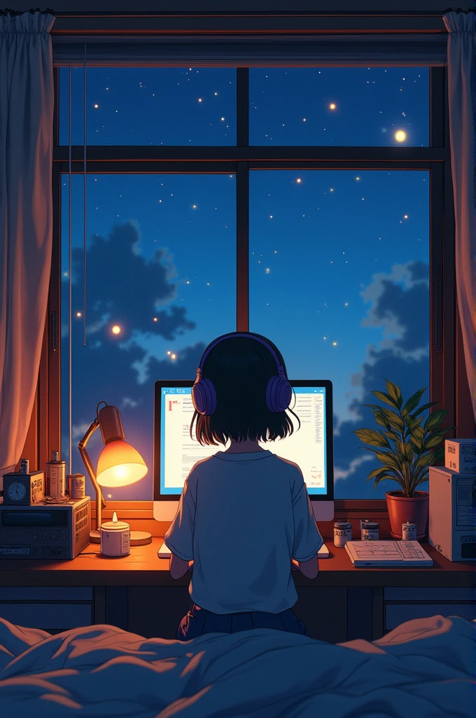 (From behind), Anime girl sitting in front of a computer in a cozy bedroom, Listen to music in a cozy room (night), With headphones, On the roof, (beautiful night views from windows), Many things, 2D Anime Style, The aesthetics of anime in the 90s, Lo-Fi, Very detailed, hard disk, Anime style and Fuji Film fusion, Surreal, 8k, masterpiece