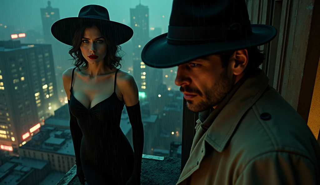 Film Noir Art Style: Aerial view of a rain-soaked 1940s cityscape at night, enveloped in deep shadows and mist. In the foreground, the femme fatale Evelyn (Physical Appearance: A striking woman in her late 20s with high cheekbones and a sharp jawline. Her pale skin contrasts starkly with her dark, piercing green eyes. Her lips are painted a deep crimson, set in a subtle smirk hinting at her dangerous allure.
Clothing: She wears a sleek, black, form-fitting dress reaching just below her knees, shimmering slightly under the dim city lights. A wide-brimmed hat is tilted elegantly, partially concealing her face in shadow, enhancing her enigmatic presence. Black high heels and tight-fitting satin gloves complete her attire.) is poised at the edge of a rooftop, ready to sprint. In the background, detective John (Physical Appearance: A rugged man in his mid-30s with a strong jawline and a five o'clock shadow. His piercing blue eyes exude unwavering determination. Weathered skin hints at a life spent on the streets.
Clothing: Dressed in a dark, double-breasted trench coat reaching his knees, flaring slightly as he moves. A classic black fedora with a tilted brim casts a shadow over his eyes. Worn leather gloves and polished, albeit scuffed, shoes complete his ensemble.) emerges from a doorway, eyes fixed on Evelyn. The city’s neon lights reflect off the wet rooftops, creating stark contrasts between light and shadow.