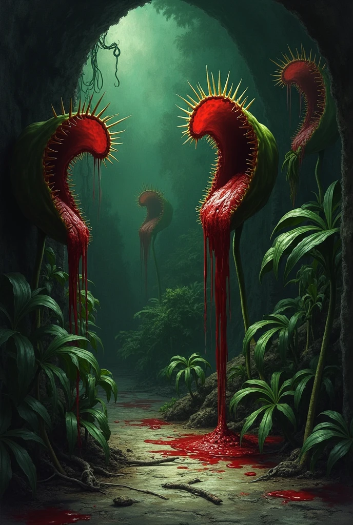 ((1920s horror drawing )) a room full of venus fly trap plants with blood coming out of their mouths at night