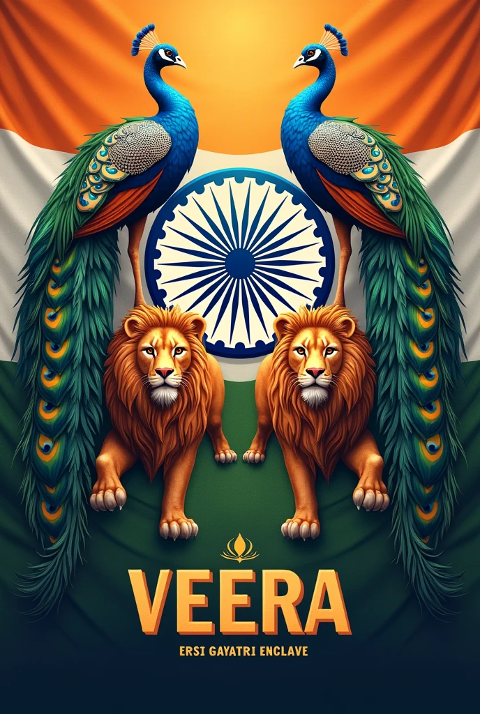 Beautiful Indian flag colours with beautiful Ashok chakra with both side peacocks and beautiful Indian flag name with  Sri Gayatri Enclave   name displayed on below the beautiful Ashok chakra with beautiful Lions in middle VEERA name.